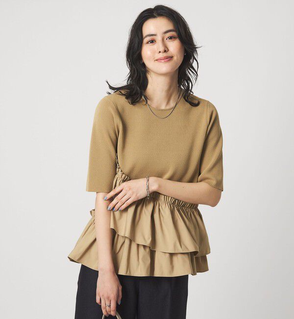 UNITED ARROWS green label relaxing「ドッキング ペプラム ショートスリーブ ニット プルオーバー ウォッシャブル」|ニット・セーター|BEIGE