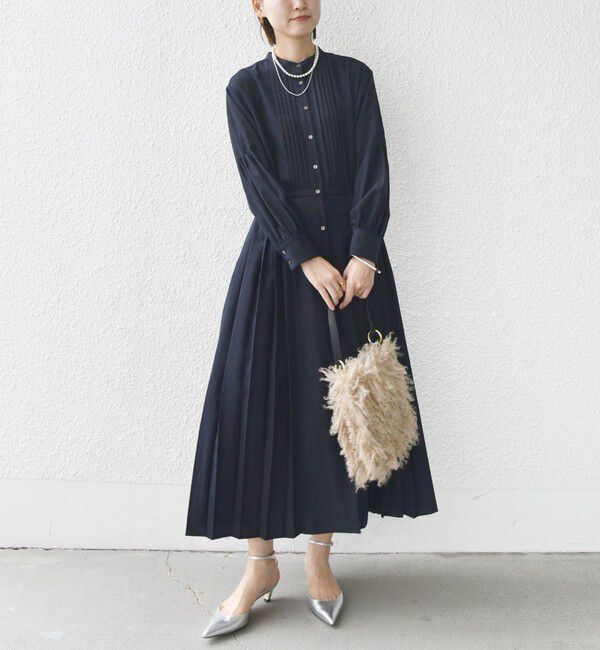 SHIPS for women「〈手洗い可能〉ドット / 花柄 バンドカラー サイド プリーツ ワンピース」|ワンピース|