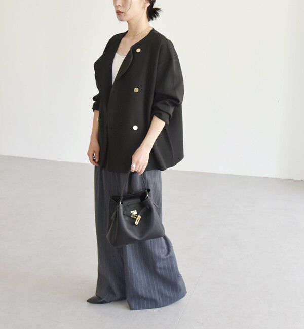 quaranciel「quaranciel:〈手洗い可能〉ニット ノーカラー ダブル ジャケット カーディガン」|カーディガン|