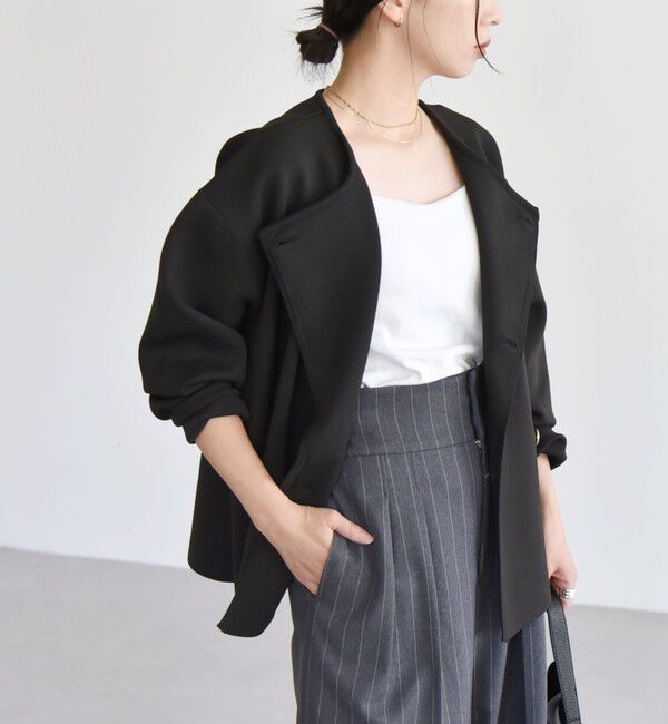 quaranciel「quaranciel:〈手洗い可能〉ニット ノーカラー ダブル ジャケット カーディガン」|カーディガン|