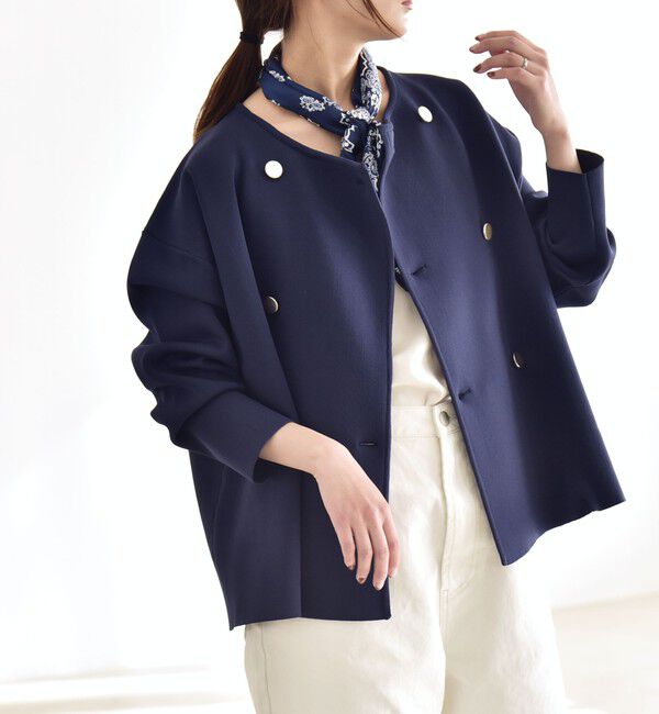 quaranciel「quaranciel:〈手洗い可能〉ニット ノーカラー ダブル ジャケット カーディガン」|カーディガン|