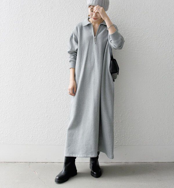 SHIPS any「SHIPS any:〈洗濯機可能〉USA コットン 裏起毛 ハーフジップ ワンピース」|ワンピース|ライトグレー