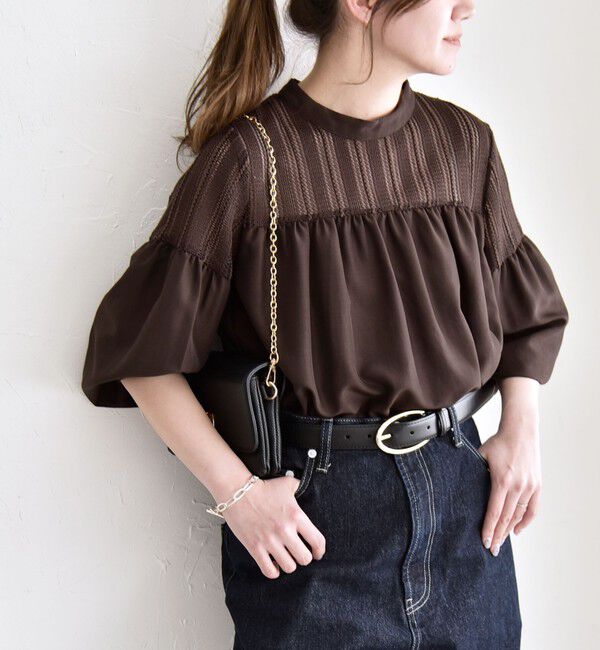 quaranciel「quaranciel:〈手洗い可能〉ラッセル レース フィブリル ブラウス」|シャツ・ブラウス|ブラウン