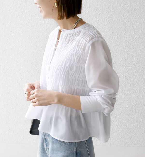 SHIPS any「【WEB限定】SHIPS any:〈洗濯機可能〉シアー シャーリング プチフリル ペプラム ブラウス」|シャツ・ブラウス|