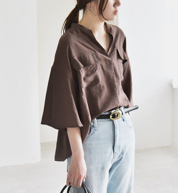 quaranciel「quaranciel:〈手洗い可能〉フレア ハーフスリーブ バンドカラー スキッパー シャツ」|シャツ・ブラウス|