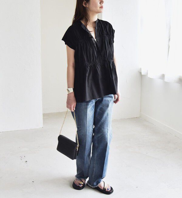 quaranciel「quaranciel:〈手洗い可能〉コットンボイル シアー ギャザー バンドカラー シャツ ブラウス」|シャツ・ブラウス|