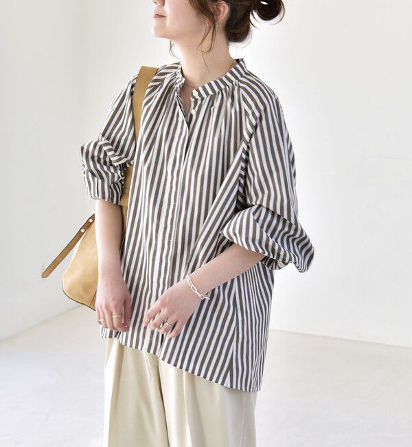 quaranciel「quaranciel:〈洗濯機可能〉REPREVE バンドカラー ギャザー パフ シャツ ブラウス」|シャツ・ブラウス|