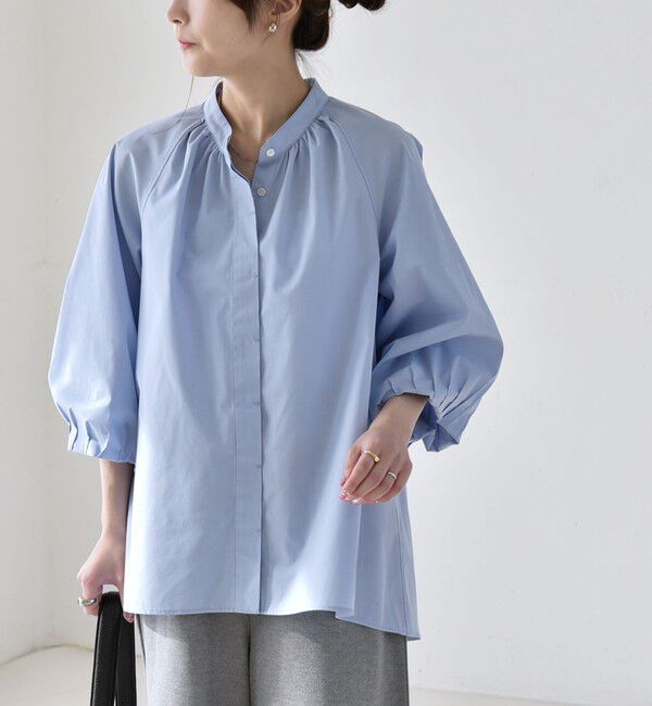 quaranciel「quaranciel:〈洗濯機可能〉REPREVE バンドカラー ギャザー パフ シャツ ブラウス」|シャツ・ブラウス|