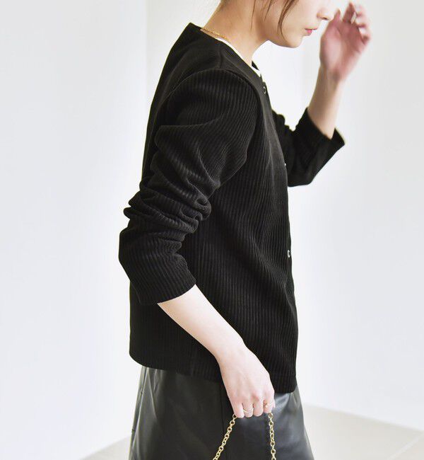 quaranciel「quaranciel:〈洗濯機可能〉ポリエステル ベロア リブ コンパクト スナップ カーディガン」|カーディガン|