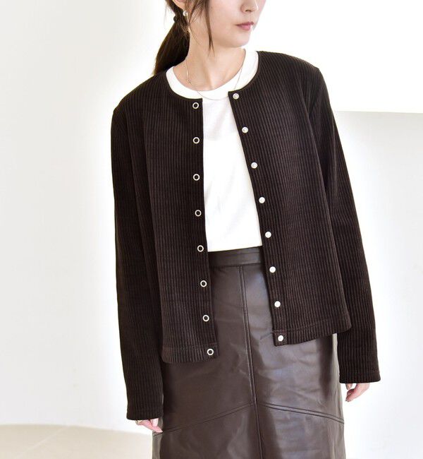 quaranciel「quaranciel:〈洗濯機可能〉ポリエステル ベロア リブ コンパクト スナップ カーディガン」|カーディガン|