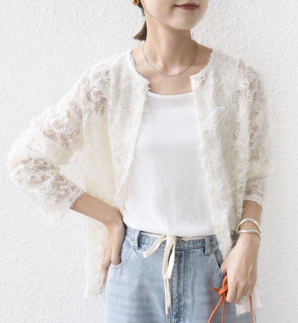 SHIPS for women「【WEB限定】〈手洗い可能〉チュール フェザー レース 羽織」|シャツ・ブラウス|