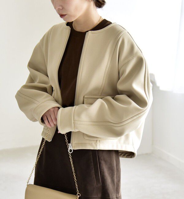 quaranciel「quaranciel:〈洗濯機可能〉ダンボール 裏起毛 ノーカラー コクーン ショート ブルゾン」|ブルゾン・スタジャン|