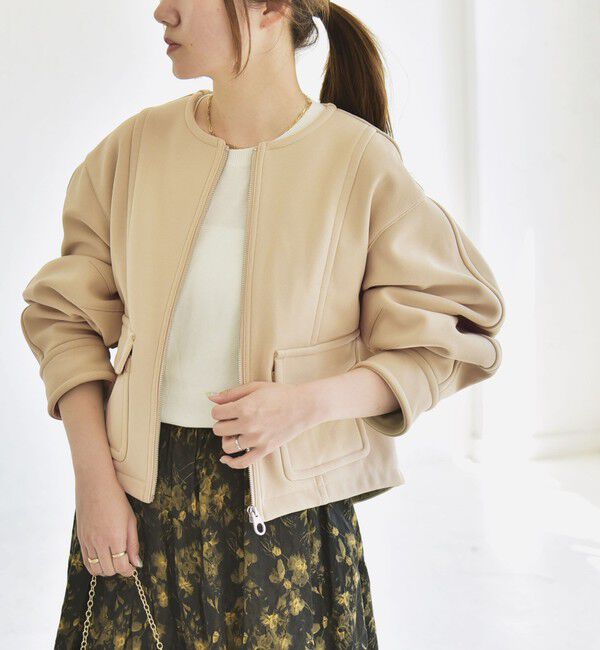 quaranciel「quaranciel:〈洗濯機可能〉ダンボール 裏起毛 ノーカラー コクーン ショート ブルゾン」|ブルゾン・スタジャン|