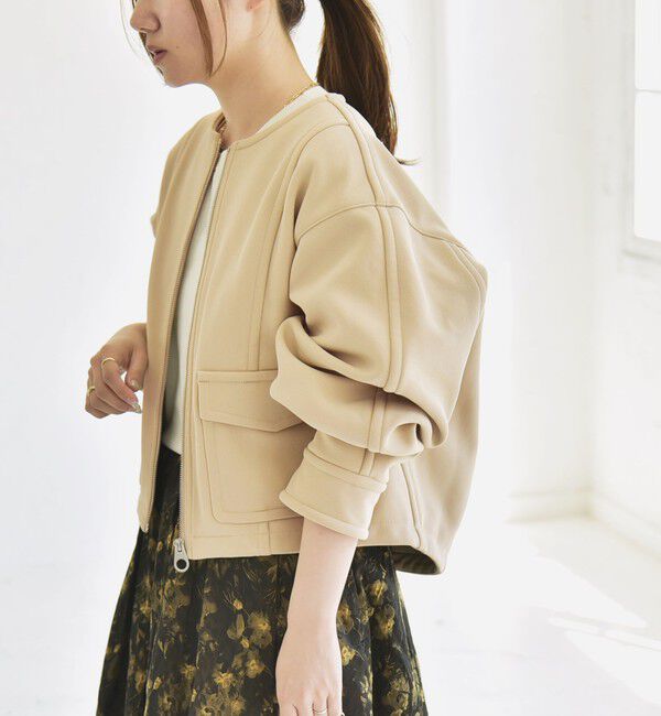 quaranciel「quaranciel:〈洗濯機可能〉ダンボール 裏起毛 ノーカラー コクーン ショート ブルゾン」|ブルゾン・スタジャン|