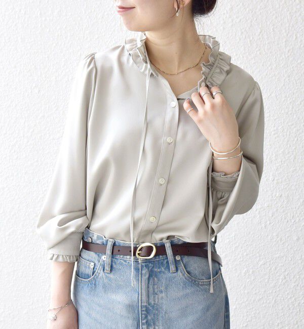 SHIPS any「《追加予約》SHIPS any:〈洗濯機可能〉サテン フリル カラー リボン シャツ ブラウス」|シャツ・ブラウス|