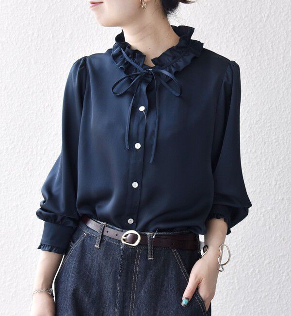 SHIPS any「《追加予約》SHIPS any:〈洗濯機可能〉サテン フリル カラー リボン シャツ ブラウス」|シャツ・ブラウス|