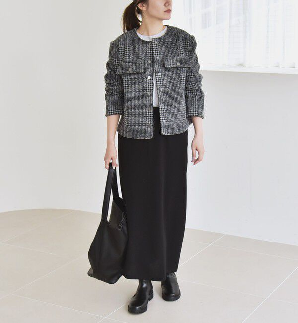 quaranciel「quaranciel: ボンディング チェック ノーカラー ショート ジャケット」|ノーカラーコート|