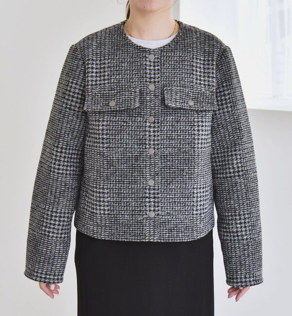 quaranciel「quaranciel: ボンディング チェック ノーカラー ショート ジャケット」|ノーカラーコート|