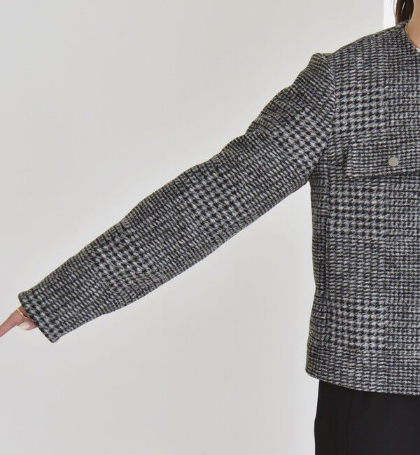 quaranciel「quaranciel: ボンディング チェック ノーカラー ショート ジャケット」|ノーカラーコート|