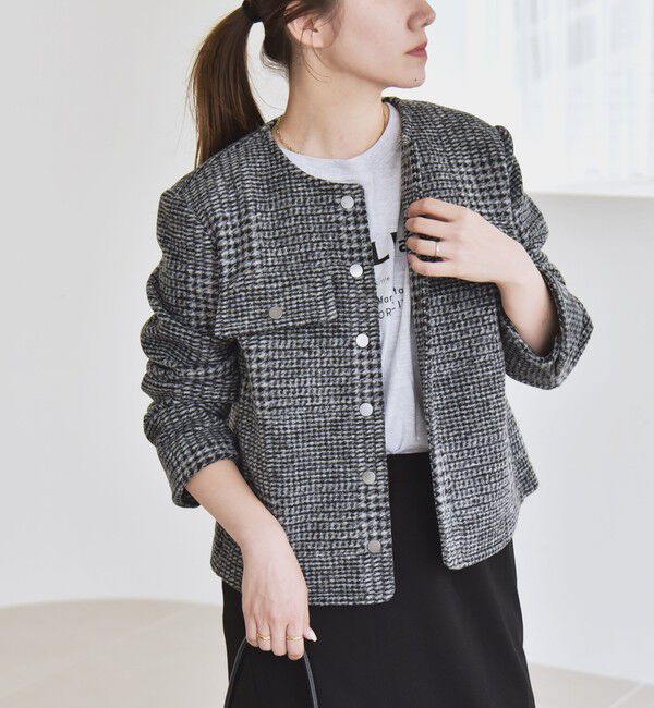 quaranciel「quaranciel: ボンディング チェック ノーカラー ショート ジャケット」|ノーカラーコート|