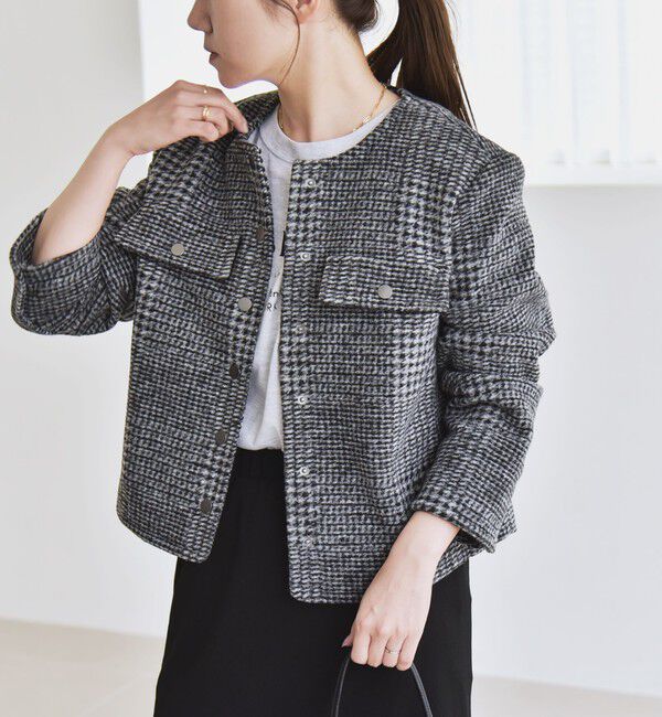 quaranciel「quaranciel: ボンディング チェック ノーカラー ショート ジャケット」|ノーカラーコート|