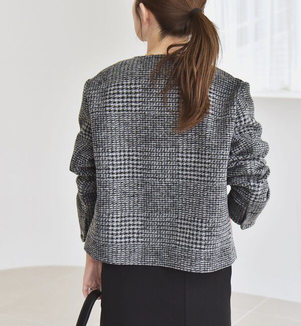 quaranciel「quaranciel: ボンディング チェック ノーカラー ショート ジャケット」|ノーカラーコート|