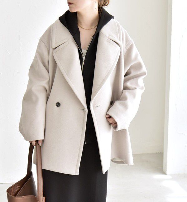 quaranciel「quaranciel: PURE WOOL ダブルブレスト テーラード ハーフ コート」|ピーコート|