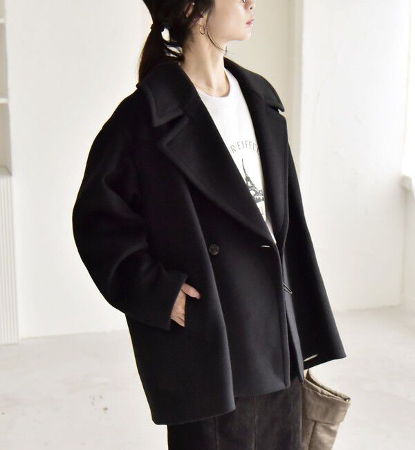 quaranciel「quaranciel: PURE WOOL ダブルブレスト テーラード ハーフ コート」|ピーコート|
