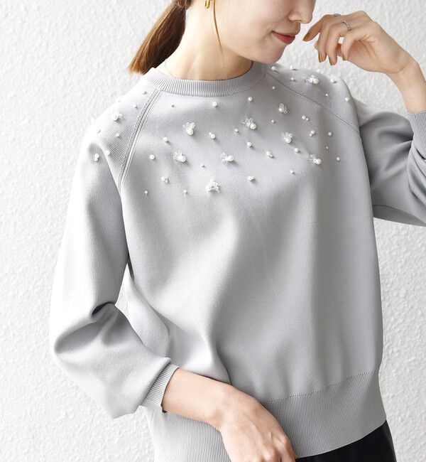 SHIPS any「SHIPS any:〈手洗い可能〉パールモチーフ ビジュー クルーネック ニット」|ニット・セーター|ライトグレー