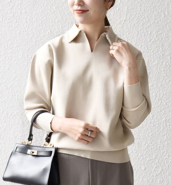 SHIPS any「SHIPS any:〈手洗い可能〉パール モチーフ 襟付き スキッパー ニット プルオーバー」|ニット・セーター|ホワイト