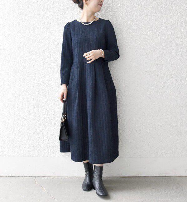SHIPS any「SHIPS any:〈手洗い可能〉ジャカード ウエスト タック ノーカラー ワンピース［NAVY BLUE］」|ワンピース|ネイビー