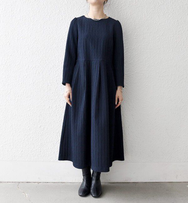 SHIPS any「SHIPS any:〈手洗い可能〉ジャカード ウエスト タック ノーカラー ワンピース［NAVY BLUE］」|ワンピース|