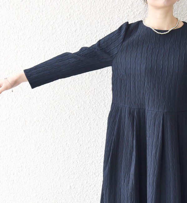 SHIPS any「SHIPS any:〈手洗い可能〉ジャカード ウエスト タック ノーカラー ワンピース［NAVY BLUE］」|ワンピース|