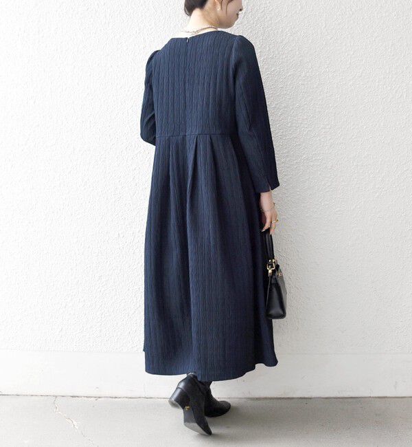 SHIPS any「SHIPS any:〈手洗い可能〉ジャカード ウエスト タック ノーカラー ワンピース［NAVY BLUE］」|ワンピース|