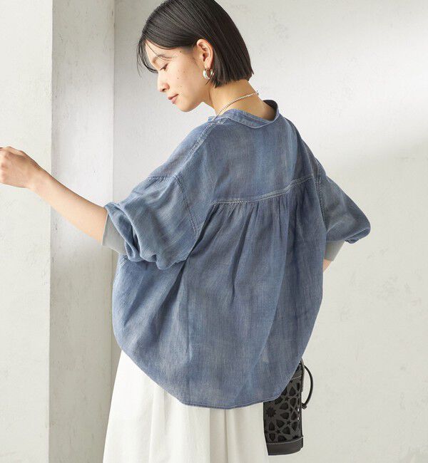 SHIPS for women「〈手洗い可能〉シアー デニム 袖 リブ バンドカラー シャツ」|シャツ・ブラウス|