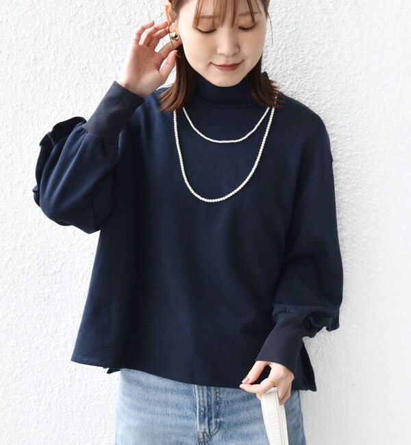 SHIPS for women「【WEB限定】〈手洗い可能〉モックネック 袖 フリル デザイン ミニ 裏毛 プルオーバー」|Tシャツ・カットソー|ネイビー