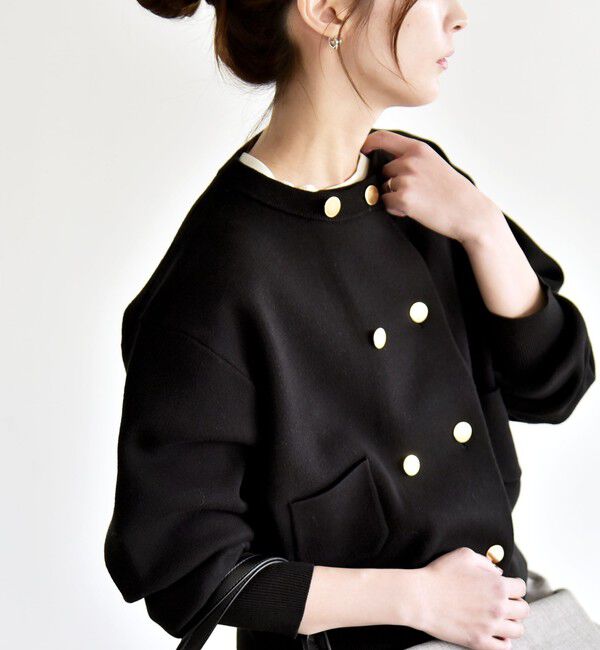 quaranciel「《追加予約》quaranciel:〈手洗い可能〉ノーカラー ダブル ボタン ジャケット カーディガン」|カーディガン|ブラック