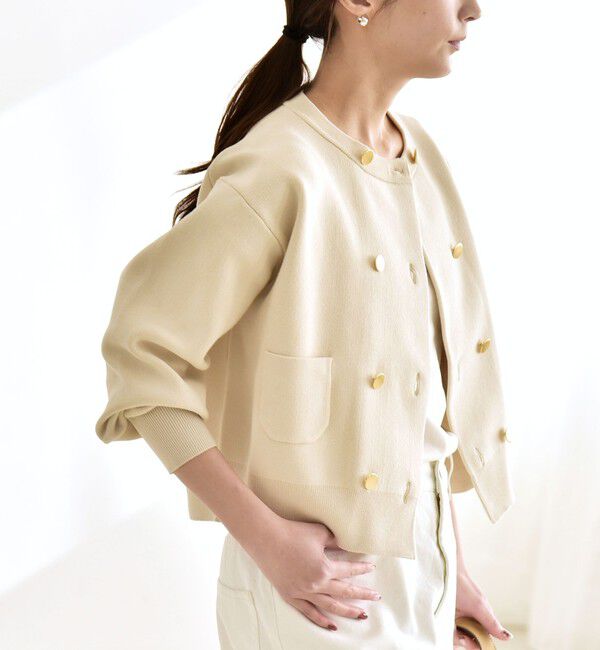 quaranciel「《追加予約》quaranciel:〈手洗い可能〉ノーカラー ダブル ボタン ジャケット カーディガン」|カーディガン|