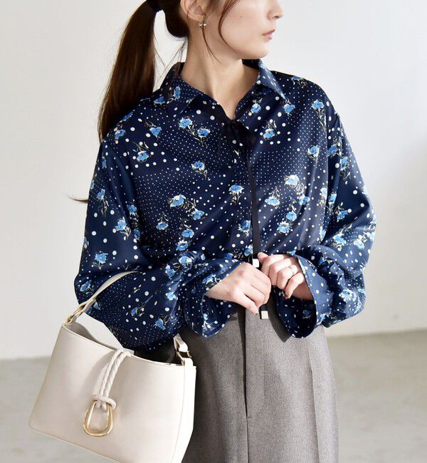 quaranciel「quaranciel:〈洗濯機可能〉ドット フラワー プリント リボンタイ シャツ」|シャツ・ブラウス|