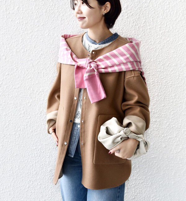 SHIPS for women「セミ 梳毛 配色 リバー ノーカラー コート」|ノーカラーコート|