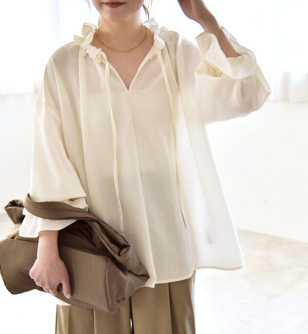 quaranciel「quaranciel:〈洗濯機可能〉フリルカラー リボン ギャザースリーブ ブラウス」|シャツ・ブラウス|