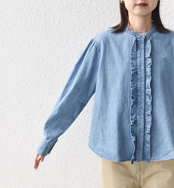 SHIPS for women「《追加予約》〈洗濯機可能〉ライトオンス フリル デニム シャツ」|シャツ・ブラウス|
