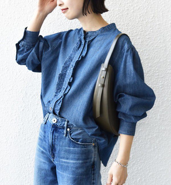 SHIPS for women「《追加予約》〈洗濯機可能〉ライトオンス フリル デニム シャツ」|シャツ・ブラウス|