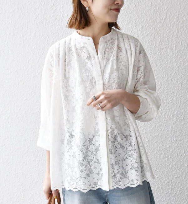 SHIPS any「《追加予約》SHIPS any:〈手洗い可能〉フラワー メッシュ レース バンドカラー タック シャツ」|シャツ・ブラウス|