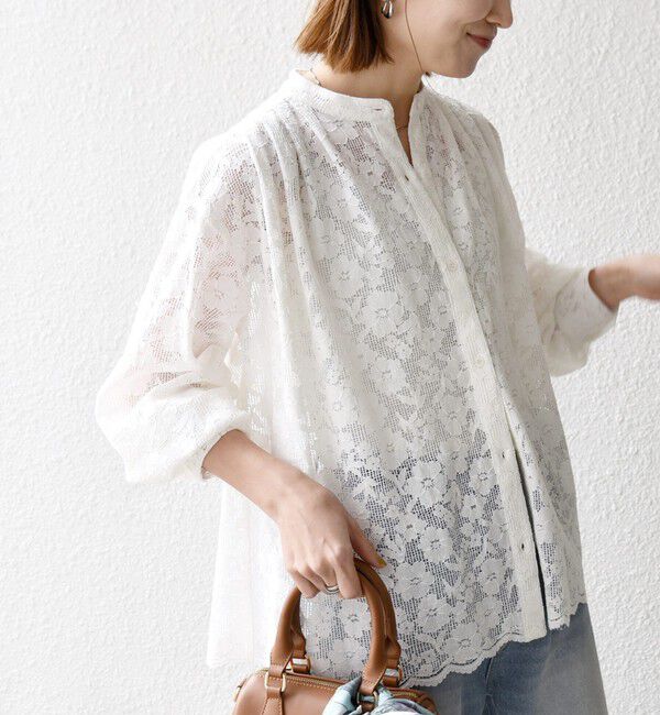 SHIPS any「《追加予約》SHIPS any:〈手洗い可能〉フラワー メッシュ レース バンドカラー タック シャツ」|シャツ・ブラウス|