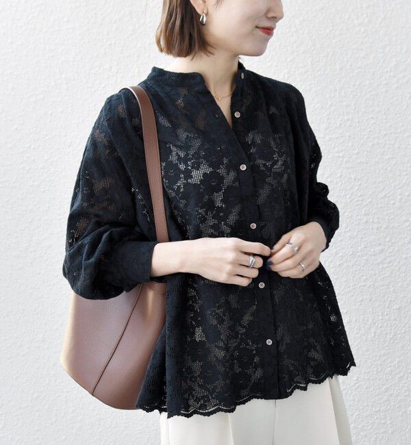 SHIPS any「《追加予約》SHIPS any:〈手洗い可能〉フラワー メッシュ レース バンドカラー タック シャツ」|シャツ・ブラウス|