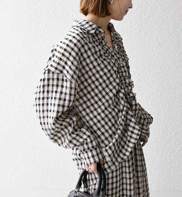 SHIPS any「SHIPS any:〈洗濯機可能〉ギンガムチェック サッカー ドロスト シャツ ブラウス」|シャツ・ブラウス|