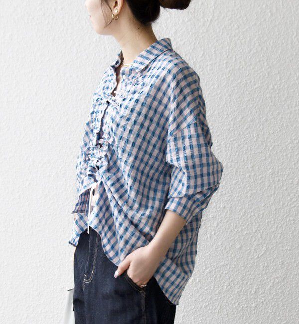 SHIPS any「SHIPS any:〈洗濯機可能〉ギンガムチェック サッカー ドロスト シャツ ブラウス」|シャツ・ブラウス|