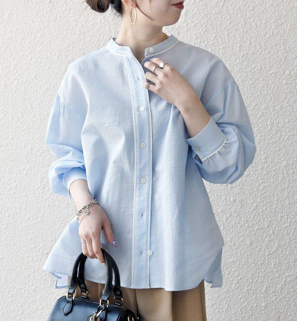 SHIPS any「SHIPS any:〈洗濯機可能〉サッカー バック リボン 配色 シャツ ブラウス」|シャツ・ブラウス|ライトブルー