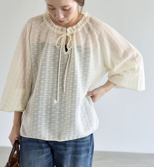 quaranciel「quaranciel:〈手洗い可能〉レース ジャカード ギャザー リボン プルオーバー」|シャツ・ブラウス|